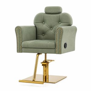 Ensemble de mobilier de salon de coiffure de luxe 5 pièces en velours vert sauge avec finition dorée, poste de lavage, chaise capitonnée, bureau d'accueil, canapé et miroir LED - Product Image 2