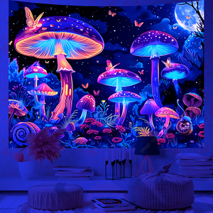 Champignon <span class=keywords><strong>Psychédélique</strong></span> Lune Papillon Méduse Tapisserie Murale Réactive aux <span class=keywords><strong>UV</strong></span> Esthétique Décoration de Chambre Bohème Hippie Rideau Tissu - Product Image 4