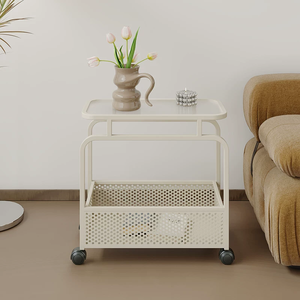 <span class=keywords><strong>Mesita</strong></span> de noche color crema <span class=keywords><strong>con</strong></span> estructura de hierro minimalista y moderna. Ruedas ultrafinas para mesa auxiliar móvil. Armario de almacenamiento. - Product Image 3