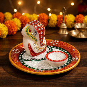 Designer Marble Gemstone Work Pooja Thali Small Ganesha Sculpture Handmade Customized Home Decoration Graduation Thanksgiving - Product Image 3