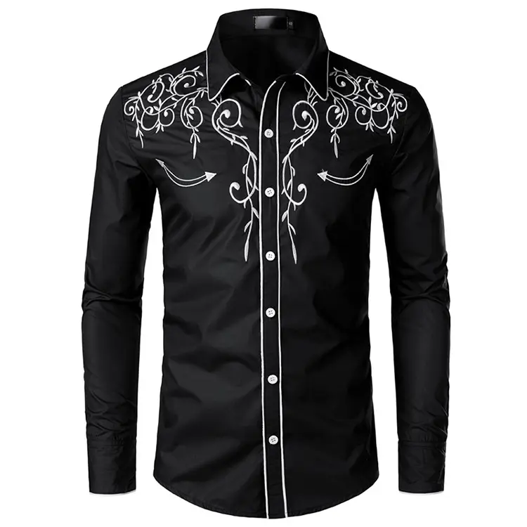 Camisa de estilo vaquero occidental para hombre, camisas bordadas ajustadas de manga larga