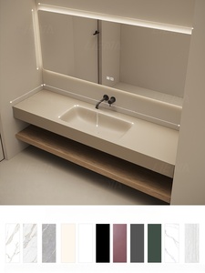 Mueble de baño de doble capa con lavabo sin juntas de tablero de roca crema personalizado, espejo inteligente y curvado en caliente - Product Image 6