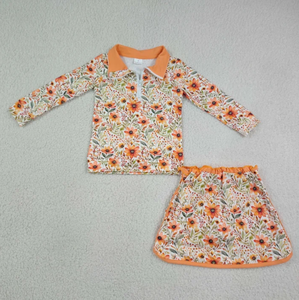 <b>Girls</b> Orange 2 Piece <b>Set</b> Long Sleeve Top Elastic Waist Skirt Solid Color Comfortable <b>Clothing</b> - Product Image 5