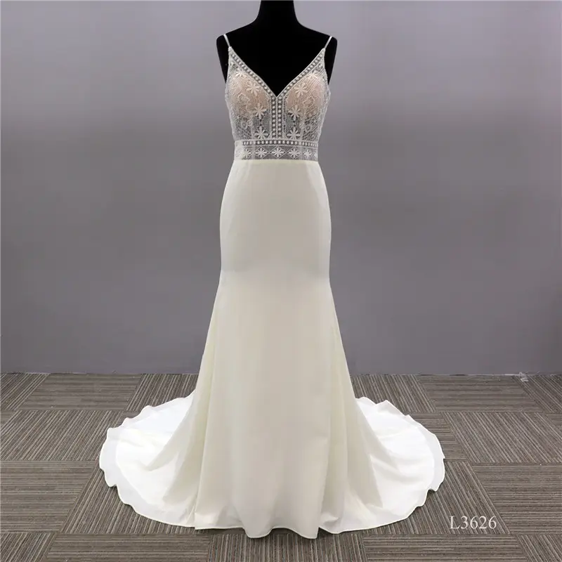 Latest Simple Lace Mermaid sleeveless satin Bridal Gowns fitted wedding dress with Train