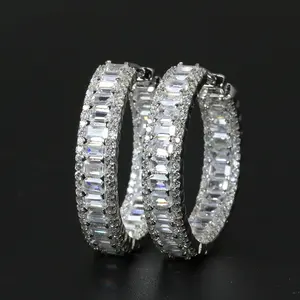 Rhodium Plated Inside Out 925 Sterling Silver CZ Cubic Zircon Emerald Cut Stone Full Pave Diamond Eternity Hoop Earring