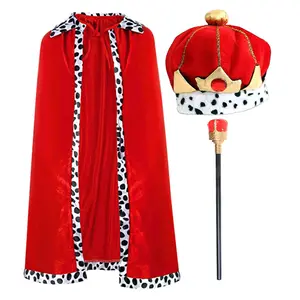 Wholesale Kids Children King Cloak And Crown Outfit Cosplay Halloween Party Costume Red Velvet Cloak Cape with Wand Outfit