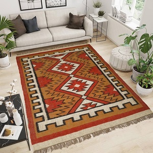 Alfombra de yute de lana Kilim moderna hecha a mano de primera calidad, alfombra con patrón geométrico rústico para interiores de comedor y oficina - Product Image 1