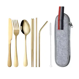 Cuchara para acampar al aire libre, tenedor, cuchillo, palillos, Pajita para beber en un juego, juegos de cubiertos, juegos de cubiertos con paquete de bolsa de tela