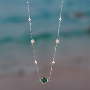 RINNTIN GMN62 batu alami empat daun bentuk semanggi Malachite dengan cangkang mutiara 925 perak murni rantai kalung alami wanita - Product Image 4