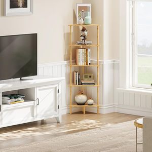 Corner Shelf 5 Tier Natural Wood Color Standing <b>Storage</b> <b>Kitchen</b> Living Room Study Organization <b>Unit</b> - Product Image 2