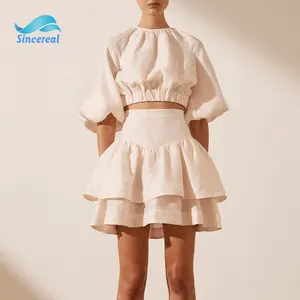 Summer Ladies Sexy Suit Balloon Sleeve Backless Shirt and skirt 2pcs Cotton Linen Women clothing Set