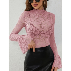 Nouveau T-shirt sexy pour femme en dentelle à motif cachemire, coupe ajustée et manches évasées, tendance - Product Image 4