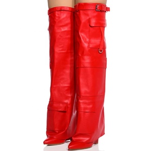 החורף האחרון של נשים עור שחור מעל הברך ארוך מגפיים ארוכות zip הסגר הצביע הבוהן טריז עקבים כיסים רך - Product Image 6