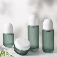 Juego de Envases Cosméticos de Vidrio Esmerilado Verde de Lujo con Tapa Blanca en Forma de Domo, Botella con Bomba para Loción, Tarro para Crema, Envases Vacíos para Cuidado de la Piel, Logotipo Personalizado