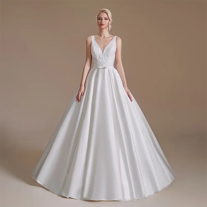 Premium White Satin Lace Elegant Luxurious A Line V Neck Sleeveless Bridal Wedding Dress