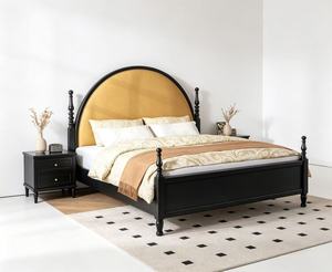 Premium <b>Queen</b> <b>Size</b> Black Wood Spindle <b>Bed</b> With Yellow Arched Upholstered Headboard For Bedroom - Product Image 2