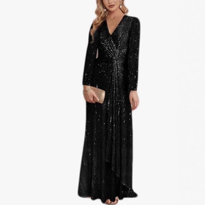 Robe de soirée sirène à sequins à manches longues et col en V avec design à nouer pour femme - Product Image 2