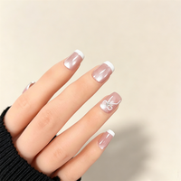 Faux ongles à presser en ABS, moyens, carrés, nude, avec nœud et strass, motif papillon français, réutilisables, 10 pièces