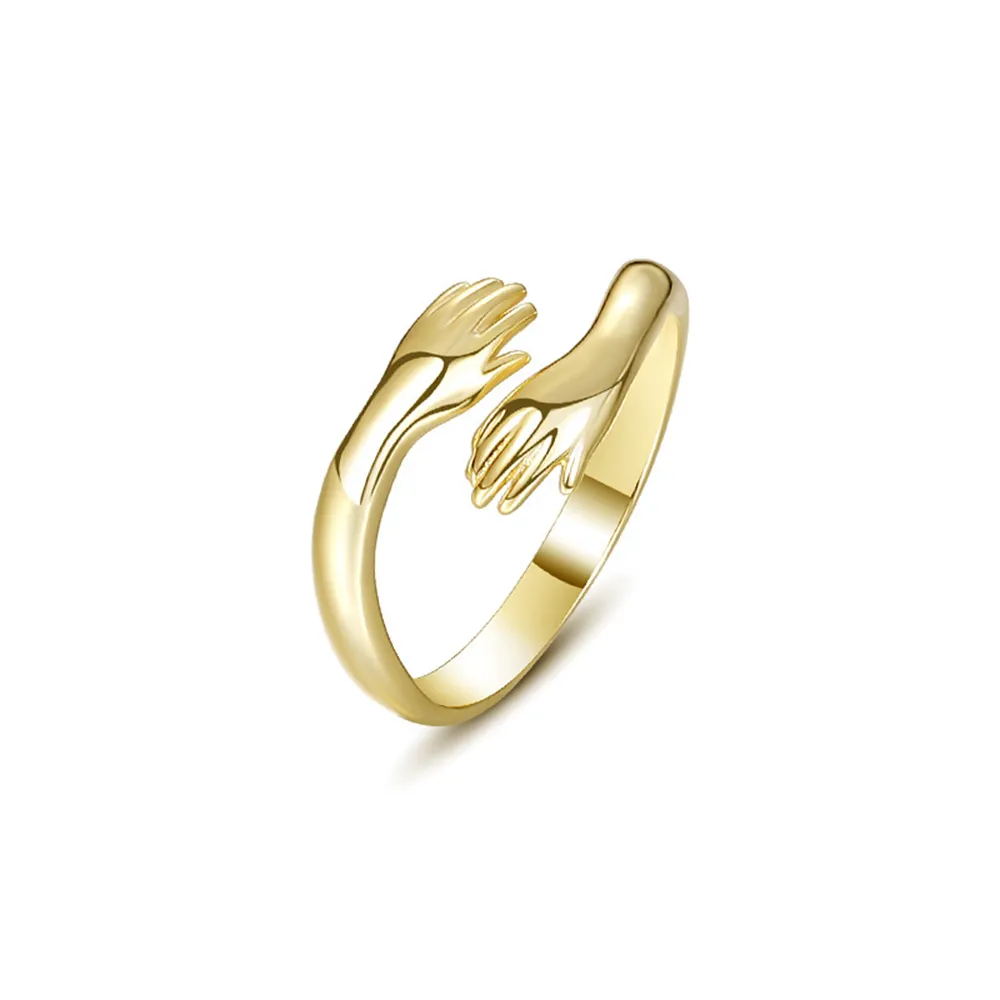 Joacii Factory 925 Sterling Silver Gold Plated Hand Embrace Hands Hug Shape Adjustable Ring