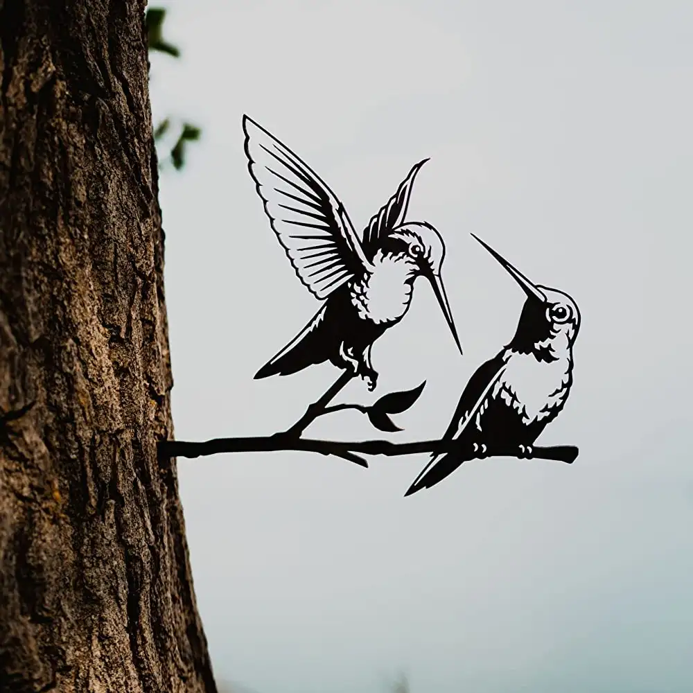 लोहा उद्यान कला पेड़ दो पक्षियों चिड़ियों युगल सजावट