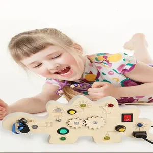 Montessori Busy Board Dinosaur Shape Blocks LED Basic Circuit Wooden Light Switch Busy Board for Kids