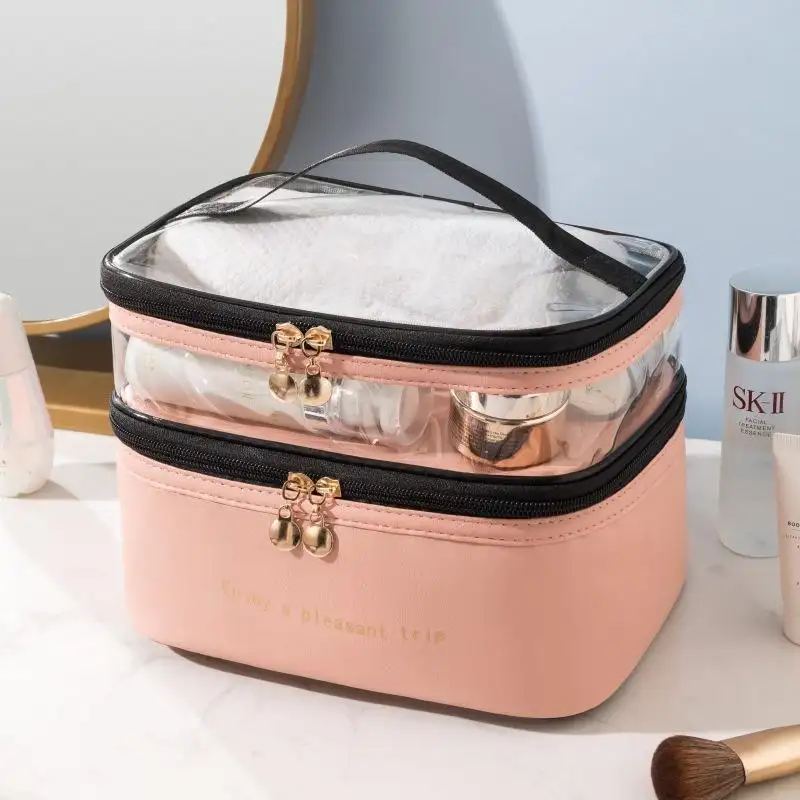 Double Layer Makeup Bag PU Leather PVC Large Capacity Waterproof Cosmetic Organizer Bag Travel Accessories Toiletry Kit