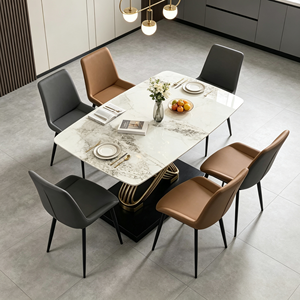Ensemble de table à manger moderne en pierre frittée avec base en acier inoxydable doré torsadé, chaises en cuir PU, 6 places, style minimaliste - Product Image 2