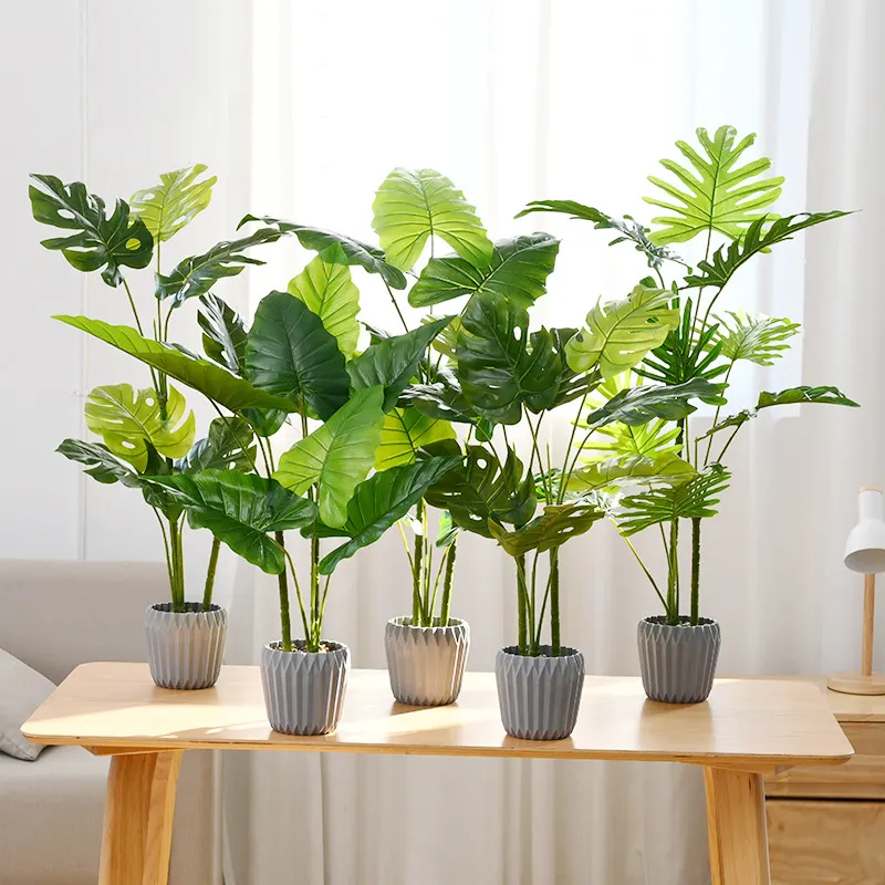 Plantas verdes artificiales de gran tamaño, decoración de interior en maceta, hojas de Monstera, árbol de plantas verdes