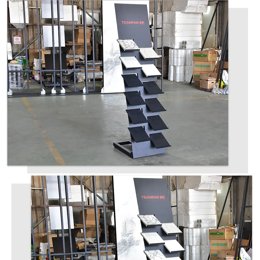 Tsianfan Factory Modern Custom Metal Sample Shelves Tower Quartz Display Rack Ceramic Floor Standing Tile Stone Displays Stand
