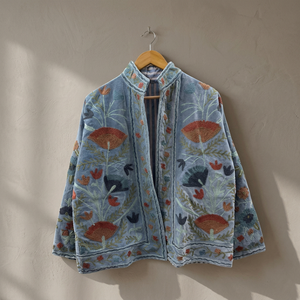 Slate Blue Cotton Embroidered Floral <b>Jacket</b> <b>Women</b> Mandarin Collar Boho Chic Short Coat Handmade Traditional Indian Outerwear - Product Image 1