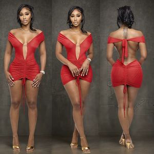 GHH10380- 2025 Automne Nouvelle Robe courte plissée à manches courtes, dos nu, couleur unie, sexy - Product Image 3