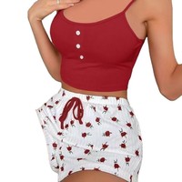 Ensemble Pyjama Deux Pièces Femme Vêtements d'Intérieur Imprimé Camisole Décontracté Sexy Côtelé