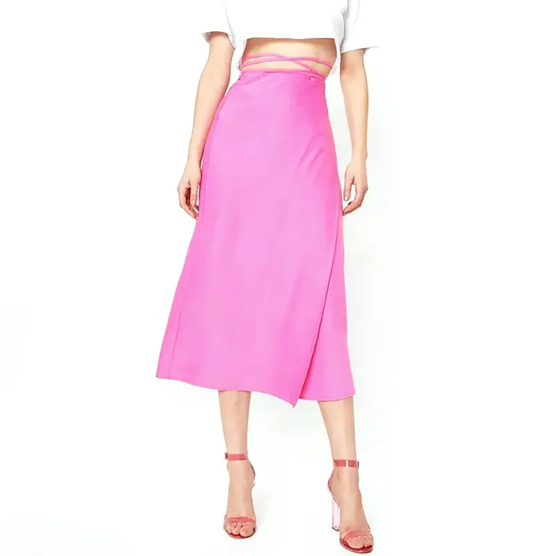 New Arrival Ladies Satin Slit Long Mesh Maxi Leather Skirts With Tie For Women Plus Size Skirt