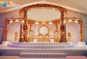 Maharani Mandap para ceremonia de boda india moderno portátil doble pilar madera dorada boda Mandap - Product Image 5