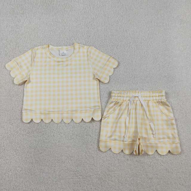 GSSO3185 RTS Wholesale Little Girl Light yellow Print summer Outfits short Sleeve Child Clothing Set