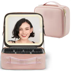 Manufacturer Custom Logo Luxury Large Women Travel Organizer Beauty Pouch Makeup Box Cosmetic Case Bag With Led Light Mirror