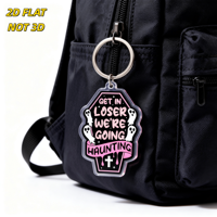 Porte-clés en acrylique en forme de cercueil, motif 'Get in Loser We're Going Haunting with Ghosts & Cross', rose/noir, breloque humoristique effrayante