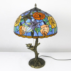 LongHuiJing Tiffany Style Stained Glass Lampshade Desk Lamps Rose Pattern Table Lamps With Antique Base - Product Image 5