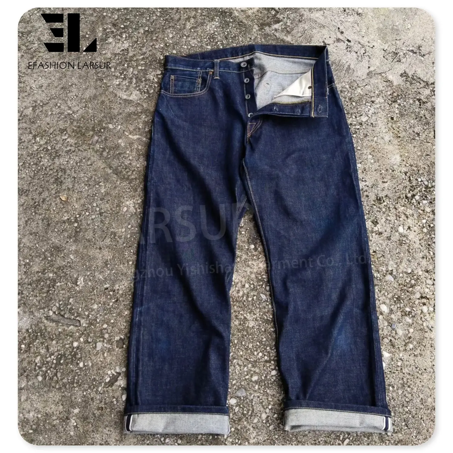 LARSUR celana denim kancing terbang selvedge kustom celana denim pria slim fit lurus selvedge jeans gaya Jepang Pria