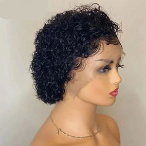 Prix de gros <span class=keywords><strong>13x1</strong></span> dentelle coupe lutin perruque Remy cheveux bouclés perruque courte dentelle transparente pour les femmes noires - Product Image 4