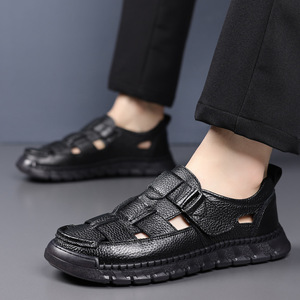 Sandalias de Cuero para Hombre, Diseño Calado, Cierre de Velcro, Transpirables, Casuales, Color Beige, Tallas 40-46 - Product Image 2