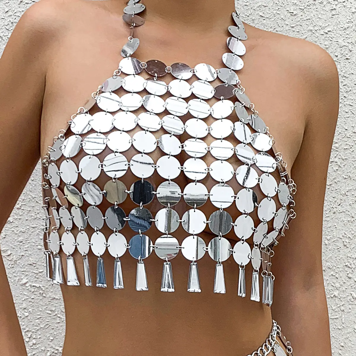 Halter Festival Sequin Rave Party Tassel Crop Top Silver Bikini Bra Top Body Chain Harness Jewelry Gold Chain Mail Mini Skirt