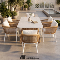 Ensemble de meubles de jardin J&M T776, table à manger moderne en aluminium avec 6 chaises, tissage en corde, pour usage extérieur