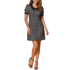 Vestido ajustado de alta calidad con cuello en <span class=keywords><strong>U</strong></span> para mujer, minivestido de Tweed de manga corta <span class=keywords><strong>a</strong></span> cuadros para mujer - Product Image 6