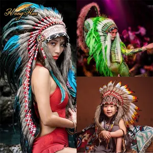 Großhandel königliches blaues indisches Kopfwerk Krone farbiges mustergänsefedern-Kopfwerk für Halloween Karneval Kostüm-Zubehör