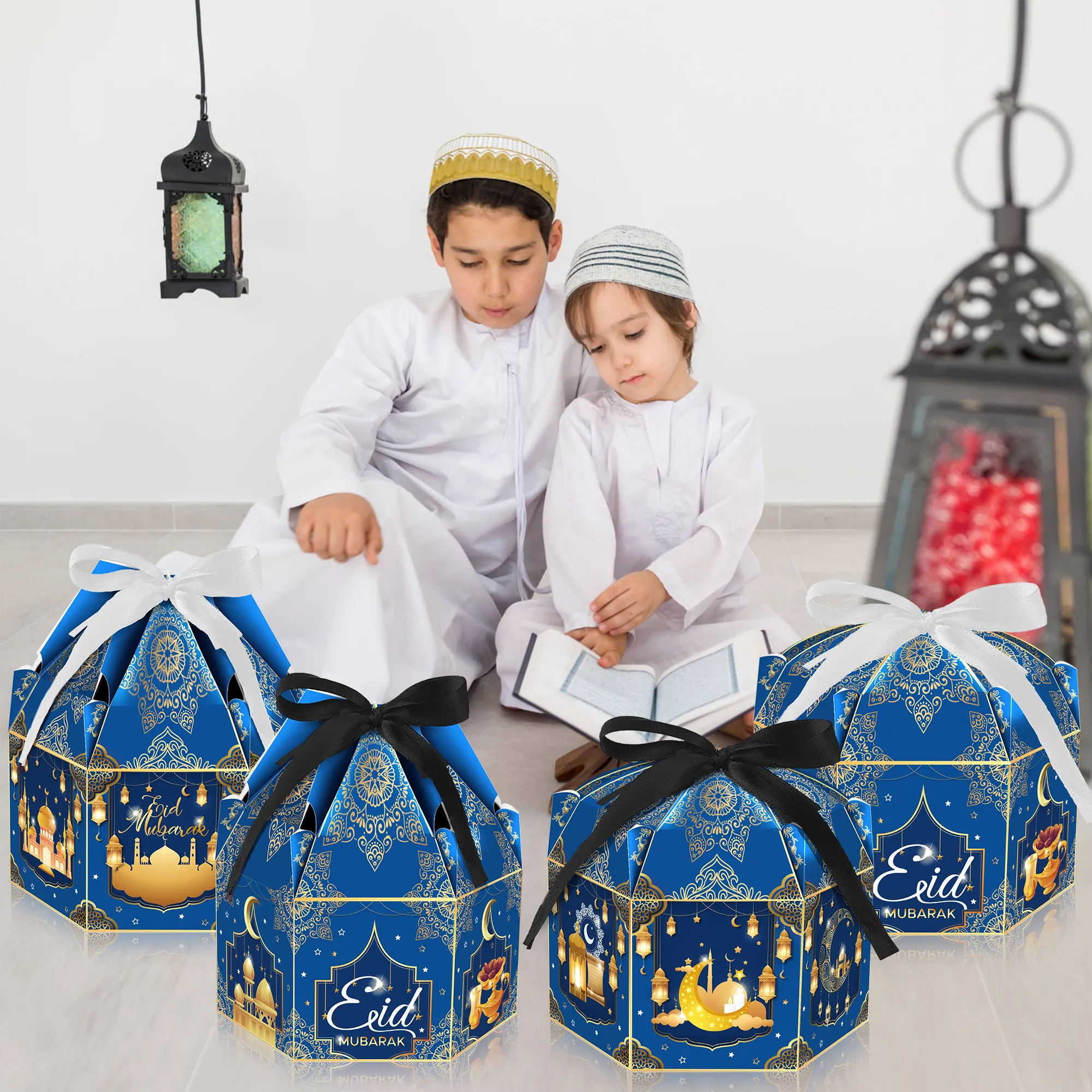 아이 종이 선물 케이크 상자 라마단 이슬람 파티 용품 Huancai Eid 무바라크 파티 먹고 사탕 치료 상자 리본