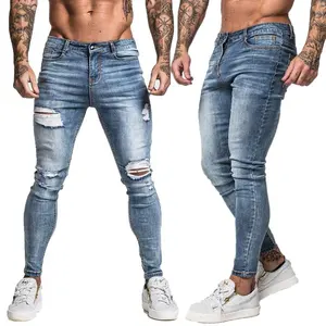 Hot Sale Skinny Knee Cut Men's Trousers Blue Ripped Distress Men's Jeans