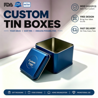 Boîte en métal bleue carrée de luxe avec logo personnalisé, conteneur d'emballage pour thé, boîte de rangement en fer blanc pour café de qualité supérieure, coffret cadeau en gros