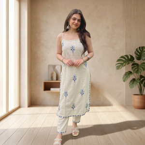 Conjunto de Kurta y Pantalón de Algodón sin Mangas, Estilo Étnico Indio de Bollywood, 2 Piezas, Estampado Floral Blanco, para Fiestas de Invierno/Verano, para Mujer, Venta al Por Mayor - Product Image 1