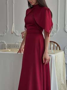 <span class=keywords><strong>Robe</strong></span> longue décontractée à manches chauve-souris, couleur unie, élégante, avec taille perlée, pour soirée, col montant, à franges, style <span class=keywords><strong>robe</strong></span> de soirée - Product Image 6